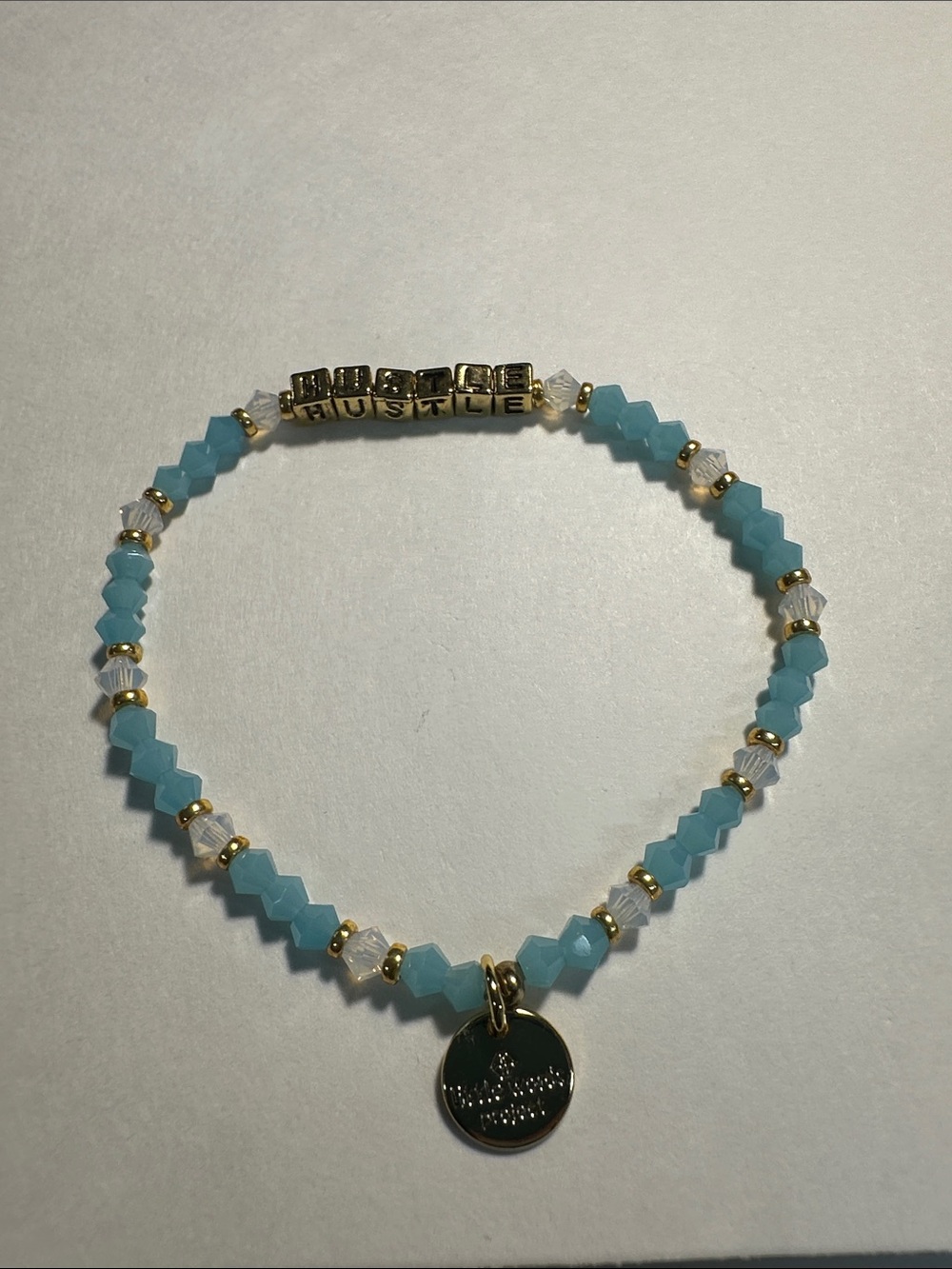 Little Words Project HUSTLE Aqua Beaded Bracelet with Gold letters and Charm M/L